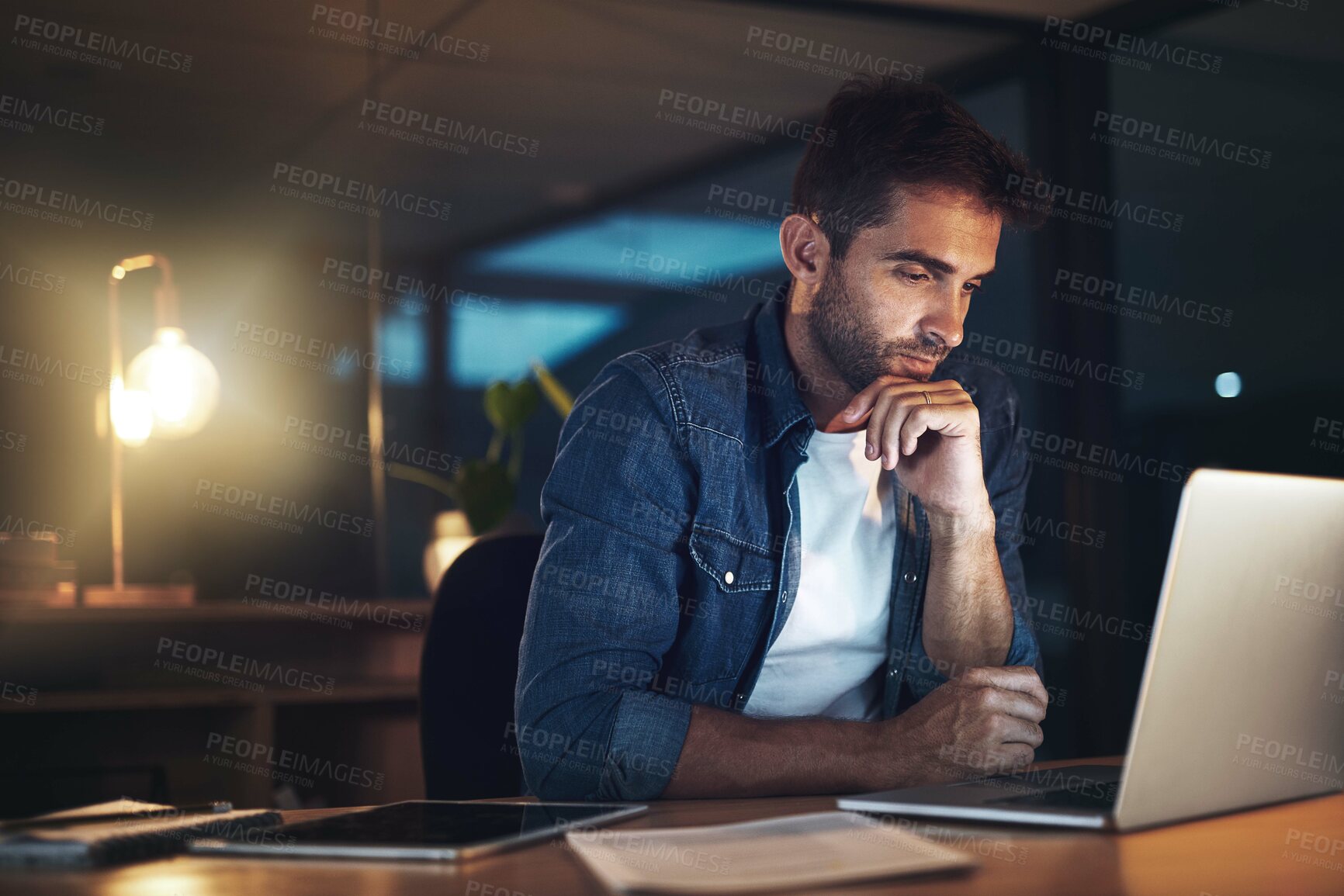 Buy stock photo Business man, laptop and thinking for project management, networking and communication in office at night. Employee, tech and development vision for proposal, report and research with  late deadline
