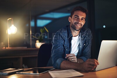 Buy stock photo Businessman, laptop and happy for project management, networking and communication in office at night. Employee, technology and portrait for proposal, report or research with late deadline completion