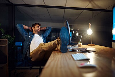 Buy stock photo Businessman, laptop and relax for project management, networking and communication in office at night. Employee, technology and success for development proposal, report or research with late deadline