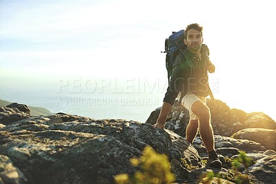 Buy stock photo Man, hiker and mountain with backpack outdoor for fitness adventure, sports challenge and hiking travel. Male person, climbing and rocks with trekking, balance and exercise journey for nature explore