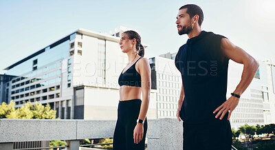 Buy stock photo Fitness, thinking and couple in city for running, wellness and exercise with support for marathon training. Workout, performance and runner people outdoor for morning cardio, challenge or energy run