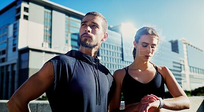 Buy stock photo Fitness, watch or couple in city for running workout, outdoor training or cardio exercise in London, England. Sports people, runners or man with woman for race energy, wellness or marathon challenge