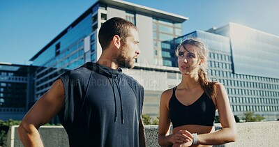 Buy stock photo Fitness, watch or couple in city ready to start workout, training or outdoor exercise in London. Sports people, runners or man talking to woman for running energy, wellness or challenge in England