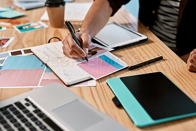 Buy stock photo Laptop, notebook and hands of person for graphic design, research and online project in office. Digital, internet and creative ideas for website with technology, software and designer writing at desk