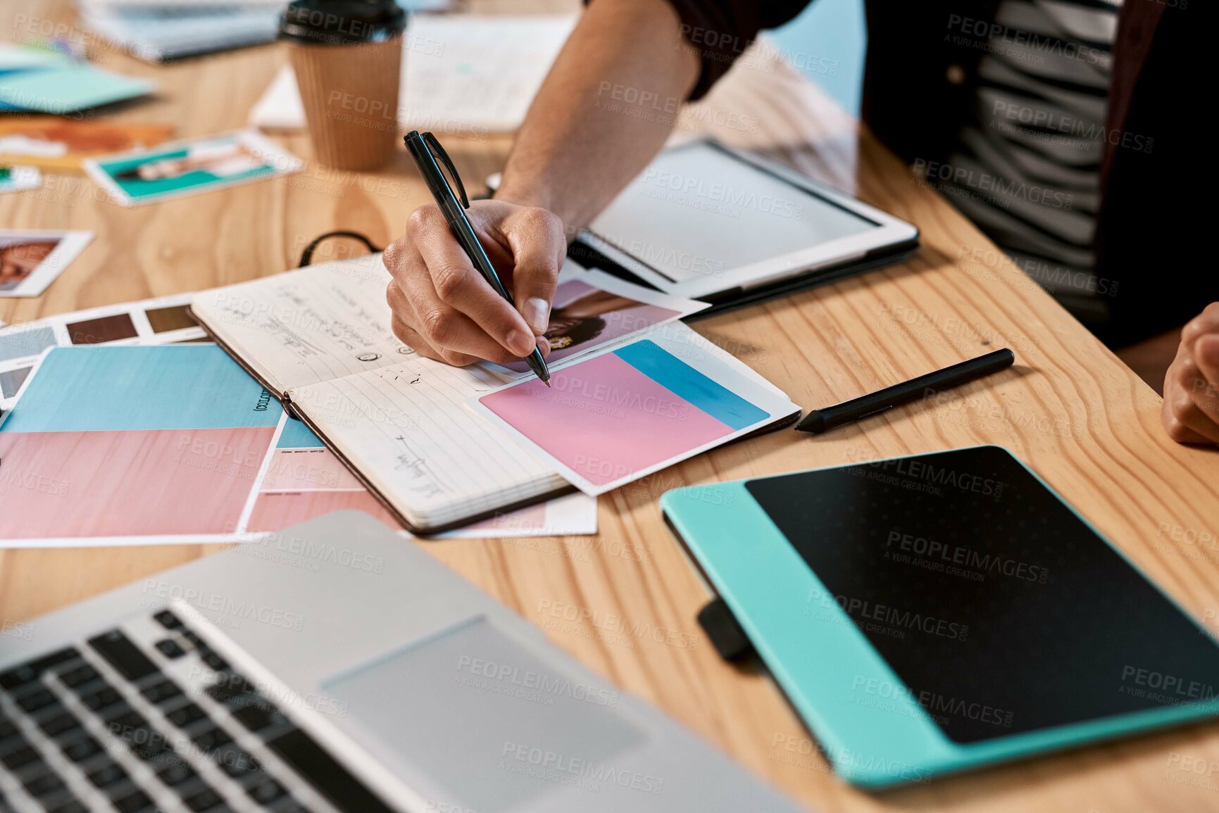 Buy stock photo Laptop, notebook and hands of person for graphic design, research and online project in office. Digital, internet and creative ideas for website with technology, software and designer writing at desk