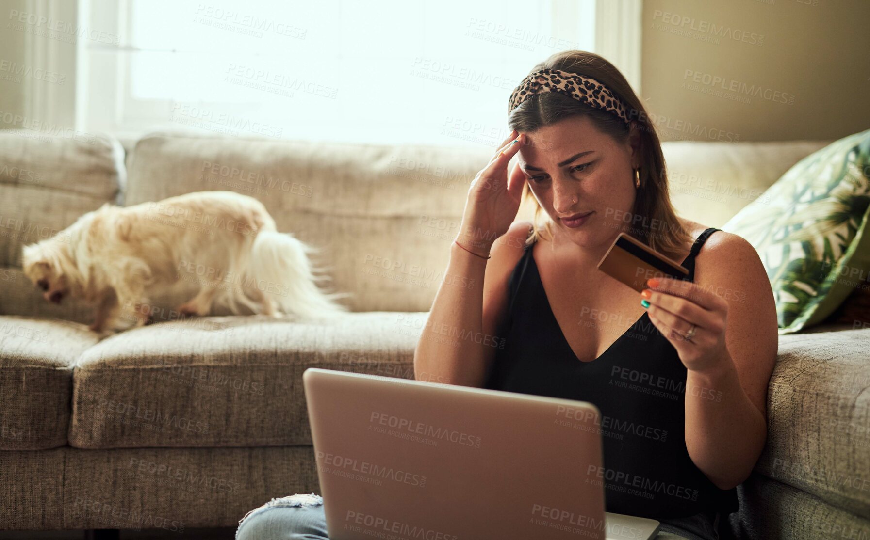 Buy stock photo Laptop, credit card and woman headache, debt or confused for home loan, payment anxiety or fintech problem on floor. Stress, choice and decision of young person on computer, banking scam and mistake