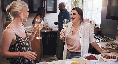 Buy stock photo Chatting, wine and friends in kitchen of home together for bonding, drinking alcohol or visit. Glass, happy and smile with relax and young women in conversation at apartment for celebration or party