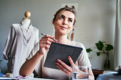 Buy stock photo Fashion, thinking and digital sketch, woman with ideas, mannequin and focus on small business in studio. Creativity, textile and designer working on drawing on tablet with pattern and illustration.