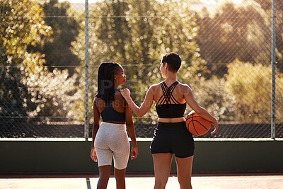 Buy stock photo Basketball, game and outdoor hobby with people, fitness and together for competition. Team, women back and court for sport practice or friendly match, training and athletes for tournament at club