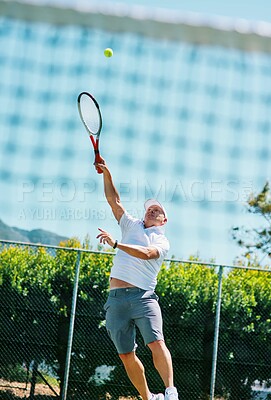 Buy stock photo Tennis court, athlete and mature man with racket for fitness, workout and sports challenge. Male person, exercise and outdoor for game, match or tournament in competition, training or activity in USA