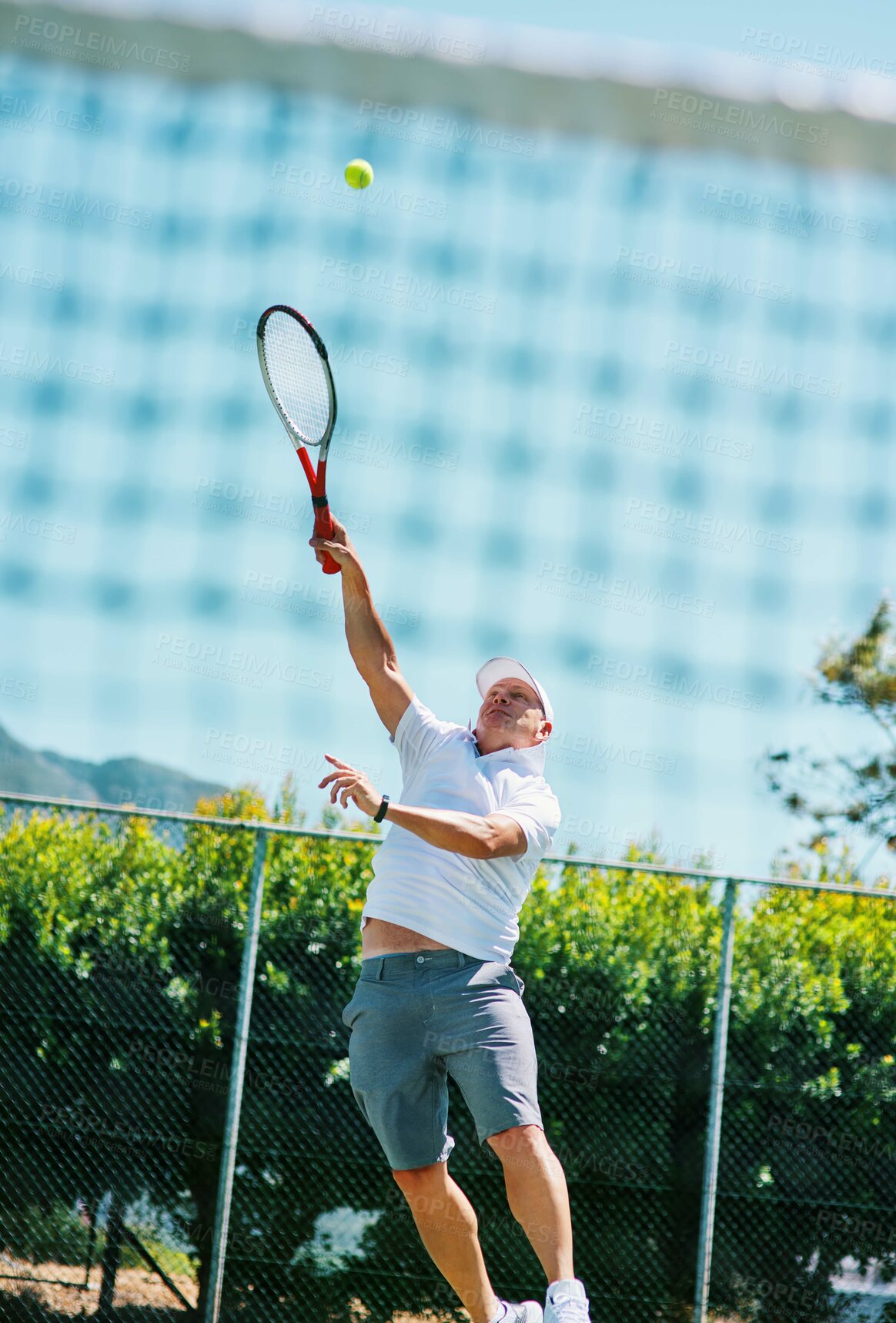 Buy stock photo Tennis court, athlete and mature man with racket for fitness, workout and sports challenge. Male person, exercise and outdoor for game, match or tournament in competition, training or activity in USA