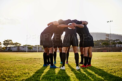 Buy stock photo Rugby, team and discussion together for huddle, motivation and game field for match preparation. Sports, fitness and group of men outdoor with competition planning, club and practice with exercise