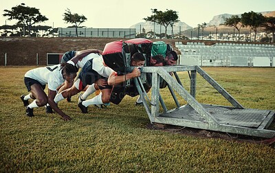 Buy stock photo Equipment, rugby and training with team of people outdoor on field together for competition or challenge. Exercise, performance drill and sport with player group on grass for start of fitness routine