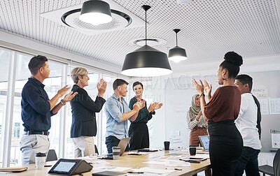 Business people, group and applause in boardroom, meeting and happy for profit with success at company. Team, audience and cheers with motivation, goals and performance in office at creative agency