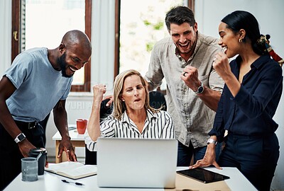 Buy stock photo Meeting, laptop and fist for success, achievement and celebration in project management company. Smile, diversity and business people with technology for teamwork goals, progress or collaboration win