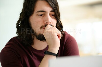 Buy stock photo Business, man and thinking with laptop in office for research ideas, problem solving and proposal solution. Designer, intern and thoughtful with technology for digital design inspiration and planning