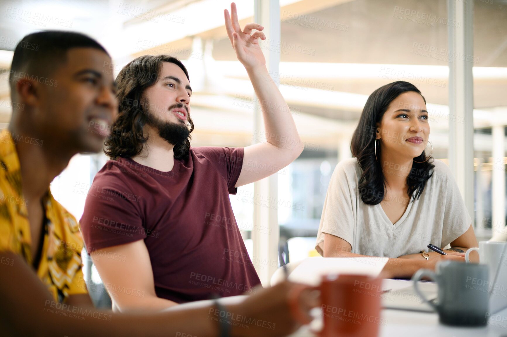 Buy stock photo Office, business people and meeting with hand for questions, clarity and participation for feedback. Boardroom, employees or man to gather info with listening, opinion or startup workshop in training