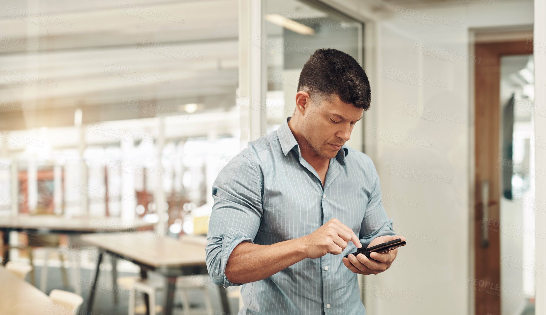 Buy stock photo Man, phone and networking chat in office, reading notification and journalist online for quote. Male person, professional reporter and communication with contact on app, message and web research
