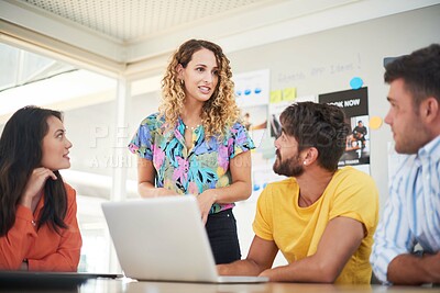 Buy stock photo Meeting, leader and business people with laptop in office for creative, thinking or brainstorming solution. Team, collaboration and woman online for presentation, proposal or idea for email marketing