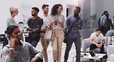 Buy stock photo Business, people and walking together in lobby, employees and busy for company networking. Partnership, career collaboration for project planning, conversation or discussion in coworking workspace