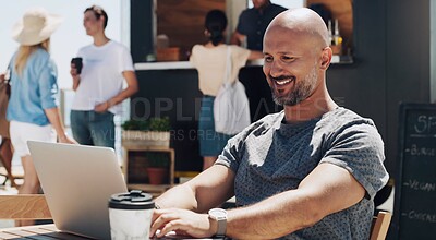 Buy stock photo Smile, laptop and man at outdoor cafe for remote work, networking and relax in summer sun. Consultant, computer and creative freelancer at coffee shop for online project research in happy sunshine