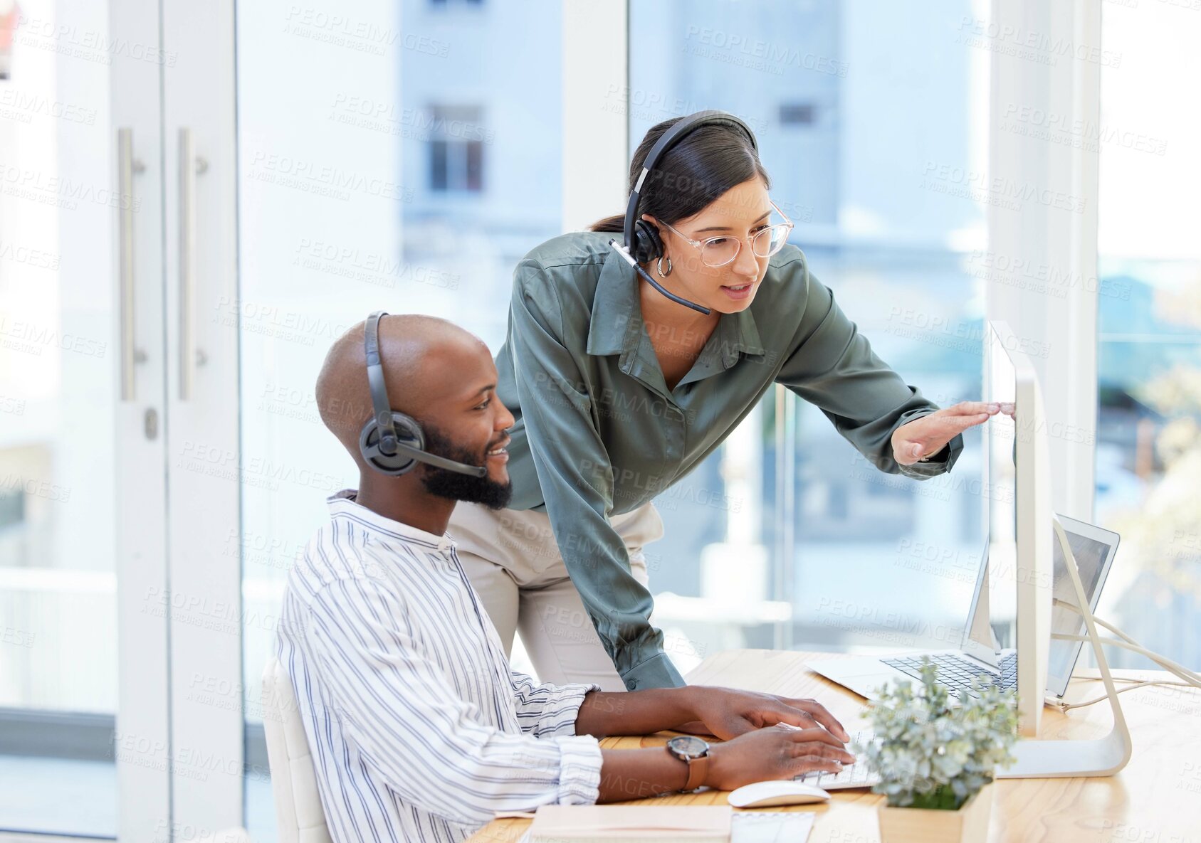 Buy stock photo Call center, training and business people or team technical support or telemarketing advice, help or coaching. Professional consulting, review or feedback of manager, consultant or woman on computer
