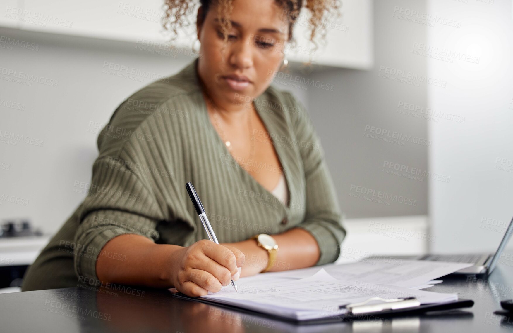 Buy stock photo Writing, notes and woman planning for tax in home with laptop, research and reminder in budget. Financial, planner and person with insurance paperwork, contract and working with review of report 