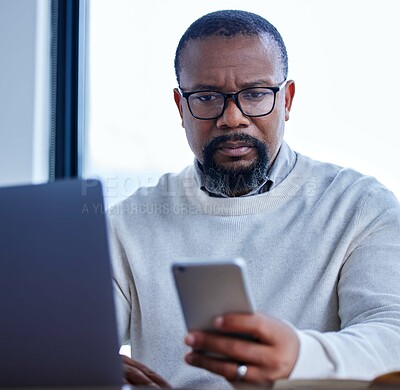 Buy stock photo Business, black man and smartphone or laptop in office for email, communication with internet for website development. Male coder or mobile and computer at work for job, cloud computing for software