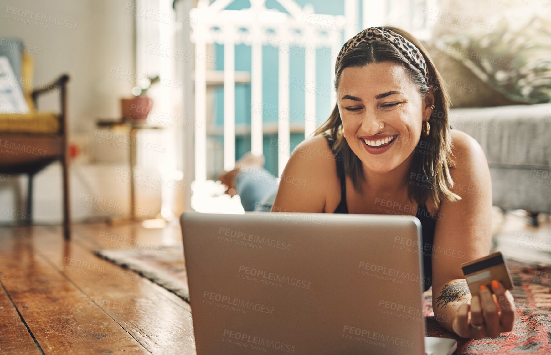 Buy stock photo Laptop, credit card and woman on floor in online shopping, e commerce and fintech, home payment or finance. Happy person relax on carpet, banking or website sale, discount or subscription on computer