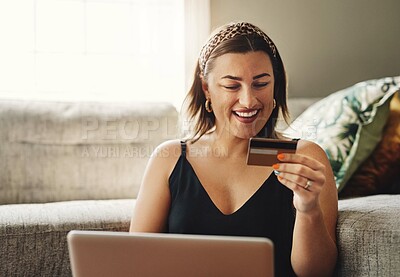 Buy stock photo Credit card, happy woman and home, computer and online shopping, ecommerce or fintech application, loan or finance. Person on laptop, website payment or internet banking with security pin or numbers