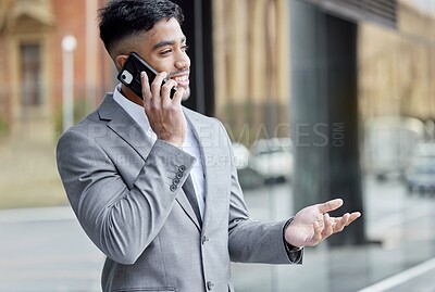 Buy stock photo Business man, phone call and travel in city, planning and networking for company deal. Male person, talking and app for conversation in urban town, legal website and lawyer for contact or commute
