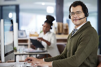 Buy stock photo Man, portrait or computer at call center with headset for support, customer with questions or conversation. Male agent, keyboard or telemarketing with microphone in workplace, typing for deal on web