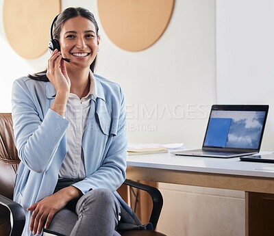 Buy stock photo Call center, smile and portrait of woman in office for telemarketing, consulting or communication. Businesswoman, smile and technology with headset for client support, customer service or help in crm