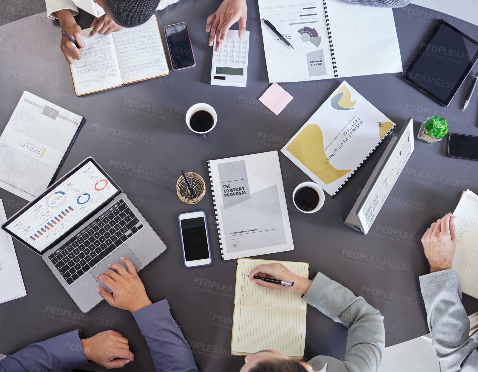 Buy stock photo Business people, above and laptop with documents on desk, company proposal for client or partner. Group, collaboration and computer with paper for writing or planning, advisor in financial office