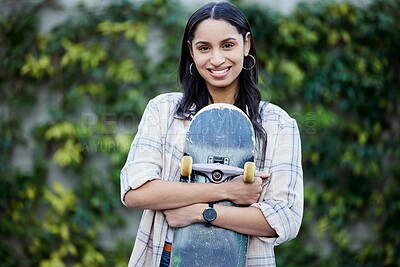 Buy stock photo Happy, girl and portrait with skateboard at college, campus or travel in park on holiday or vacation. Woman, skateboarder and university student at academy in summer with fun transport or hobby