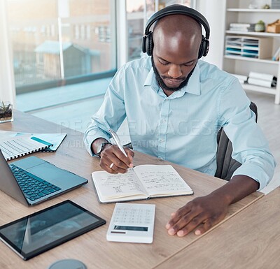 Buy stock photo Podcast, headphones and black businessman in office, workspace or professional space for work in corporate career. Productivity, employee and laptop or notebook for planning, agenda and communication