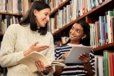 Buy stock photo Portrait, students and team of happy women in library at university with tablet, books and research. Face, smile and diverse girls in college for education, scholarship or friends learning together