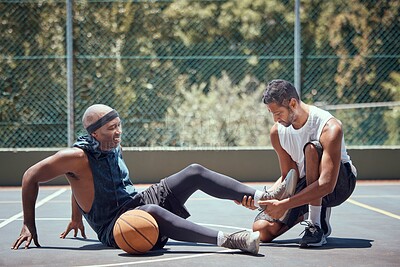 Buy stock photo Injury, physiotherapist and basketball player with help support during sports game, first aid help on court and emergency during training. Athlete with muscle pain and medical coach after accident