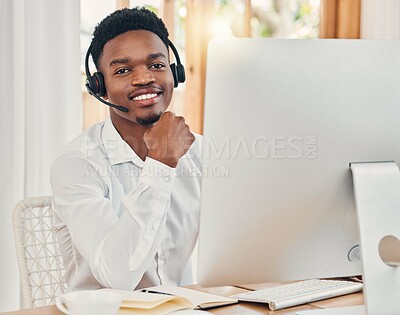 Buy stock photo Call center, communication and black man talking with people on the internet and working in sales for telemarketing company. Portrait of an African customer service worker consulting on a pc online