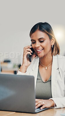 Buy stock photo Business woman, phone call and laptop with happy CRM worker doing online communication for contact us or company website. Corporate office professional female networking with internet and technology