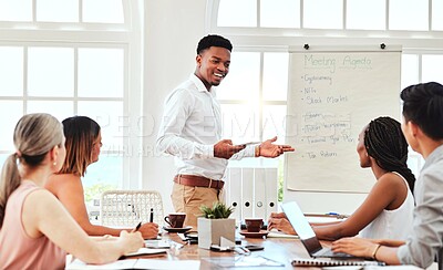 Buy stock photo Business people, analytics and meeting for team collaboration or discussion of company data at the office. Group of analysts in teamwork planning, strategy and marketing conversation at a conference