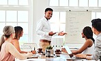 Business meeting, corporate management presentation and black man leader coaching team in modern office. Boardroom discussion, company mentor training and research or planning innovation seminar

