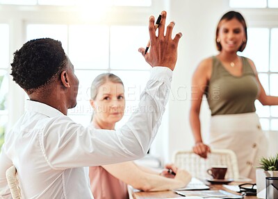 Buy stock photo Question, meeting and presentation with raised hand of businessman in strategy, planning or project management conference. Faq, support or vote with black man and employees with idea, goals or growth