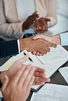 Deal, contract and handshake with business people in partnership for thank you, welcome or onboarding meeting. B2b, collaboration and success with hands of employee for trust, goals and innovation 