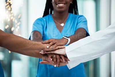 Buy stock photo Motivation, support and hands of doctors for healthcare, diversity and medical teamwork at a hospital. Medicine, collaboration and people at a clinic working with community, goal and trust in nursing
