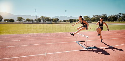Athlete, runner and women in hurdles training for contest, race or together on circuit in mockup. Woman group, running and jump for teamwork, fitness or exercise in summer sunshine on outdoor track