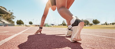 Buy stock photo Runner start race, running track and competition, challenge or cardio fitness on stadium ground. Closeup marathon athlete, sprinter shoes and woman ready in sports training, race track event or speed