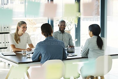 Buy stock photo Business people, meeting and planning a strategy, teamwork and collaboration for startup marketing project in office. Business meeting, diversity and corporate team working in a advertising company