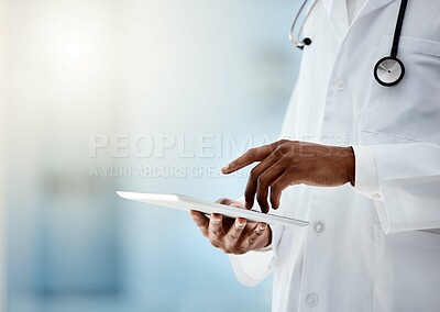 Buy stock photo Hospital, health and doctor with tablet and stethoscope, medical mockup and digital information with technology for medicine. Healthcare schedule planning, cardiology with cardiovascular health care.