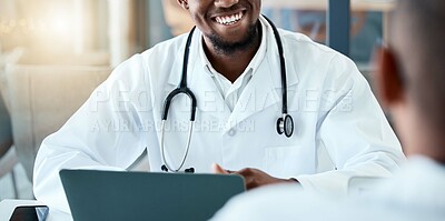 Buy stock photo Closeup, healthcare and black doctor talking, feedback and diagnosis results in white coat, hospital and wellness. Medical professional, African American male and consultation for feedback and advice